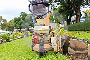 A man mowing grass in the public garden. Outdoor working