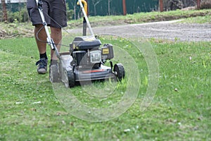 A man mowing lawn front yard