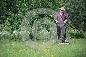 Man is mowing the lawn in summer