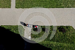 Man mowing lawn.  Top view