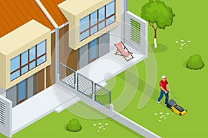 Man mowing the lawn with yellow lawn mower in summertime. Lawn grass service concept. Isometric vector illustration