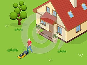 Man mowing the lawn with yellow lawn mower in summertime. Lawn grass service concept. Isometric vector illustration