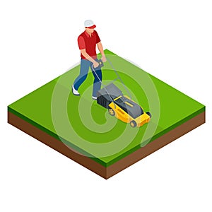 Man mowing the lawn with yellow lawn mower in summertime. Lawn grass service concept. Isometric vector illustration