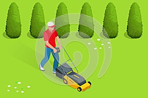 Man mowing the lawn with yellow lawn mower in summertime. Lawn grass service concept. Isometric vector illustration