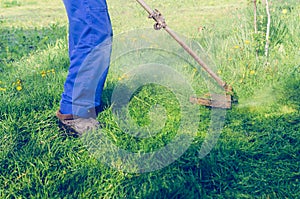 A man mows a green grass lawn mower on a sunny day