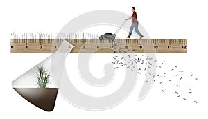 A man mows the lines off a ruler in an illustration about testing, measuring and other agronomy testing