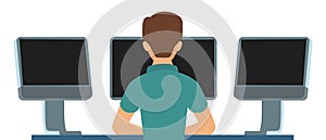 Man at multiple monitors. Finance trader code programmer computer operator security ahead computers, screens monitoring character