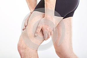 Man muscle strain injury in thigh. photo