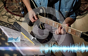 Man with music book on stand playing guitar