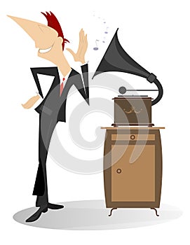 Man, music and vintage record player isolated illustration