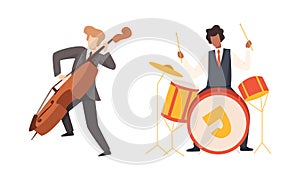 Man Musician Character Performing Music Playing Drum and Cello Vector Set