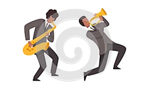 Man Musician Character Performing Music Playing Saxophone and Trumpet Vector Set