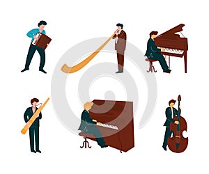 Man Musician Instrumentalist Performing Music Playing Musical Instrument Vector Set
