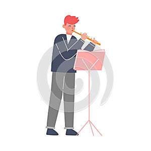 Man Musician Playing Flute, Classical Music Performer Character with Musical Instrument Flat Style Vector Illustration