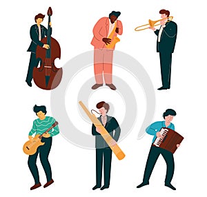 Man Musician Playing Musical Instrument Performing on Stage Vector Set