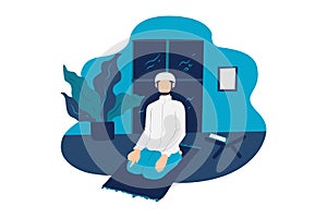 Man muslim doing prayer in the home illustration