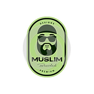 man muslim style head cap bearded sunglasses vintage badge logo design vector