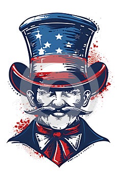 Man in mustache dons top hat with American flag, a patriotic gesture in costume