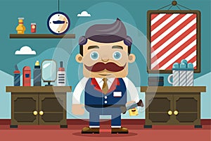 A man with a mustache is firmly holding a wrench in a barbershop setting, Barbershop Customizable Cartoon Illustration