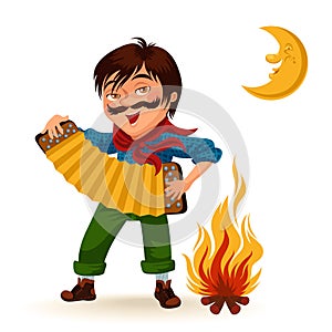 Man with mustache plays sanfona near fire under moon vector illustration, Boy holding accordion at bonfire at night photo