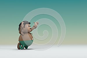 The man  with mustache wearing a brown long shirt green pants.  He is kneel rejoicing.  3d rendering of cartoon character in