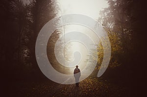 Man in mysterious autumn forest with mist