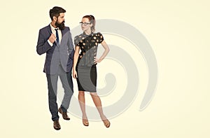 The man the myth the legend. Bearded man and sexy girl in formalwear. Professional man and woman. Business couple. Man