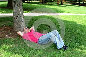 Man Napping In Shade Under a Tree