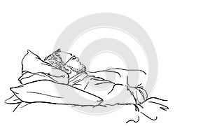 Man naps on two pillows at home. Vector drawing of upper body bearded male person with eyeglasses and clothes