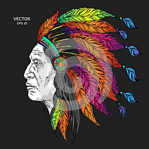 Man in the Native American Indian chief. Black roach. Indian feather headdress of eagle. Hand draw vector illustration