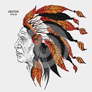 Man in the Native American Indian chief. Black roach. Indian feather headdress of eagle. Hand draw vector illustration