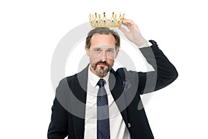 Man nature bearded guy in suit hold golden crown symbol of monarchy. Direct line to throne. Enormous privilege. Become