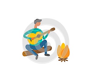 Man Near Bonfire Singing Songs and Plays on Guitar