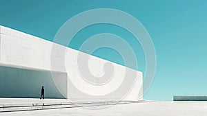 man near a white building on a blue background