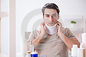 The man with neck brace after whiplash injury