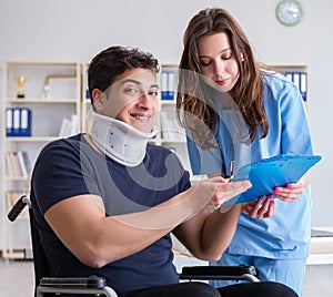 Man with neck injury visiting doctor for check-up