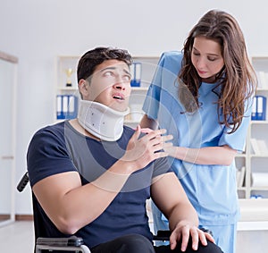 Man with neck injury visiting doctor for check-up