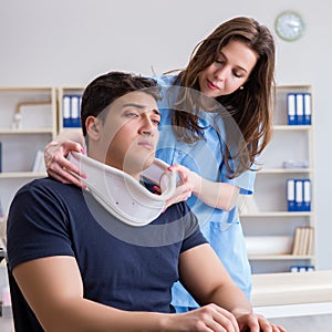 Man with neck injury visiting doctor for check-up