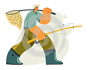 Man with net and fishing rod, fisherman hobby