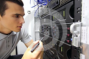 Man in network server room