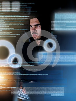 Man, night and data overlay with hacker, criminal programmer and information or code for security threat. Encryption photo
