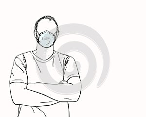 Man with no face in medical mask with arms crossed over his chest, Hand drawn portrait, Coronavirus