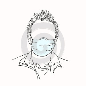 Man with no face in medical mask, Hand drawn portrait, Coronavirus prevention