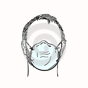 Man with no face in medical mask, Hand drawn portrait, Coronavirus prevention