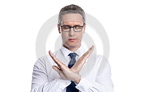 man with no gesture isolated on white, objection. man show no at studio.