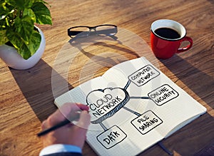 Man with a Note and Cloud Network Concept