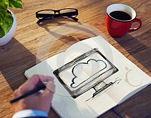Man with Note Pad and Cloud Computing Concept
