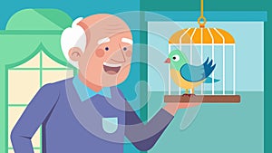 A man in a nursing home smiles as he watches his pet bird hop around its cage entertained by its silly antics and photo