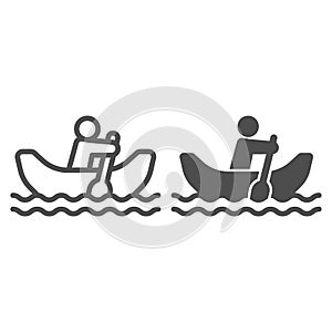 Man with oar in boat on water line and solid icon, waterpark concept, Rowing Boat sign on white background, Man row