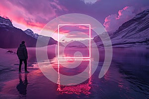 Man observes glowing neon square on a serene mountain lake at sunset